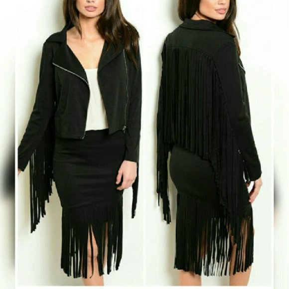 Dresses & Skirts - Rodeo Hippie Moto Biker Black Ponte Gypsy Fringed Skirt Jacket Set